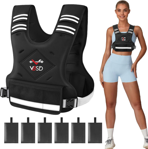 VBSD Adjustable Weighted Vest for Women Men 4-10lb/11-20lb/20-32lb Vest with 6 Ironsand Weights Body Weight Vest with Reflective Strip for Running Walking Strength Training Workouts