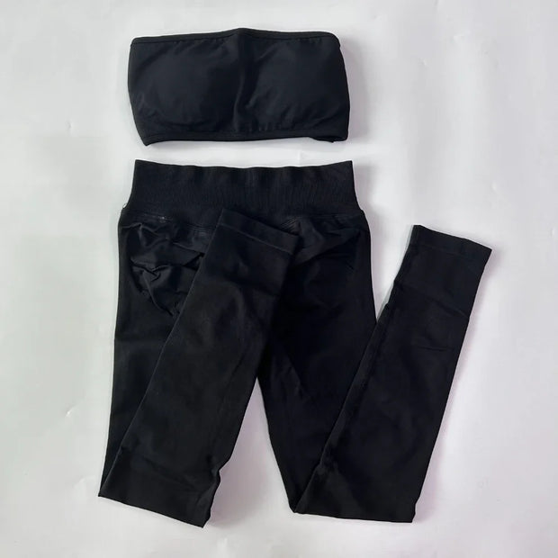 No Logo 2 Pieces Sports Set Woman Backless Bandeau Sports Bra Scrunch Leggings Yoga Clothing Workout Clothes Outfits Gym Set