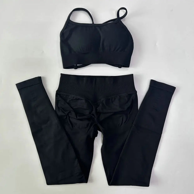 No Logo Seamless Yoga Set 2 Pieces Women Workout Set Scrunch Leggings Backless Sports Bra Fitness Top Gym Pants Clothes