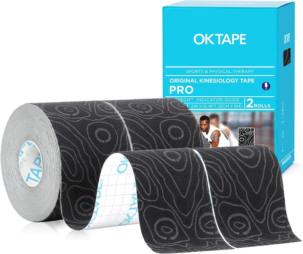 OK TAPE PRO Kinesiology Tape Uncut Roll, Elastic Physical Therapy Athletic Tape for Pain Relief, Muscle Support, Kinetic Tape, Water Resistant, 2in X 16.4ft -Black Gray