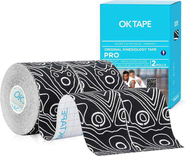 OK TAPE PRO Kinesiology Tape Uncut Roll, Elastic Physical Therapy Athletic Tape for Pain Relief, Muscle Support, Kinetic Tape, Water Resistant, 2in X 16.4ft -Black 2 Rolls