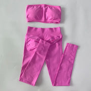 No Logo 2 Pieces Sports Set Woman Backless Bandeau Sports Bra Scrunch Leggings Yoga Clothing Workout Clothes Outfits Gym Set