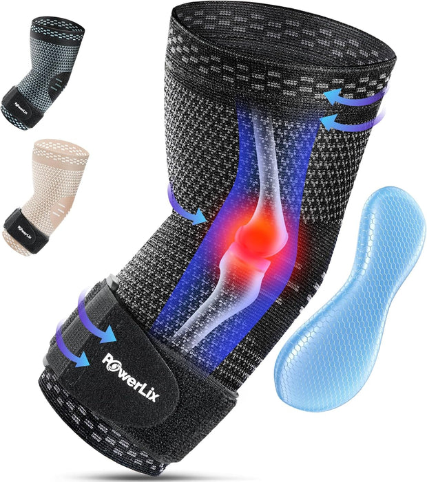 POWERLIX Elbow Orthopedic Brace Compression Support (Pair) - Elbow Sleeve for Tennis, Golfer’s, Bursitis, and Sprains, Arthritis, Tendonitis. Pain Relief(Black, L)