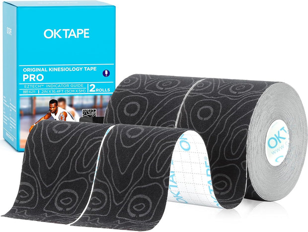OK TAPE PRO Kinesiology Tape, 2inch x Long Roll 16ft Free Cut Tape, Elastic Athletic Tape Therapeutic Latex Free, Black+Black