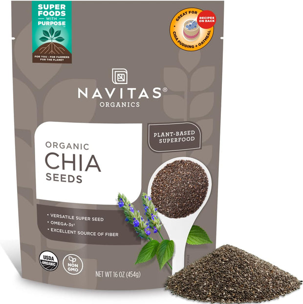 Navitas Organics Chia Seeds – For Chia Pudding, Smoothies, Baking, Salads & More – Omega 3, Fiber, Minerals - USDA Organic, Non GMO, Kosher, Gluten Free, Keto (16oz. Bag, 15 Servings)