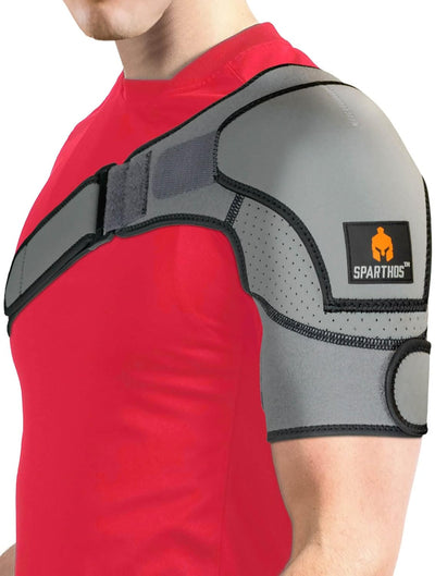 Sparthos Shoulder Brace for Light Support - Adjustable Sleeve for Rotator Cuff, AC Joint Relief - Fits Left or Right, Men & Women - CRITICAL: Measure Chest & Bicep for Correct Fit (Bicep 10-14")