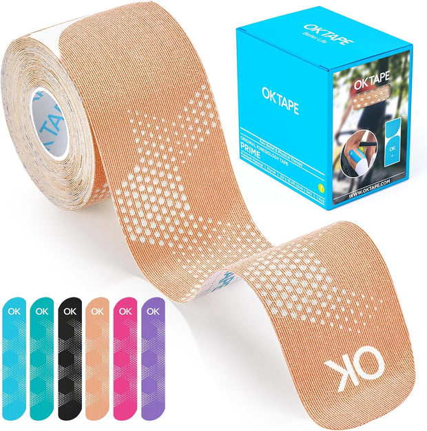 OK TAPE Synthetic Kinesiology Tape, 20 Strips Precut K Tape, Waterproof, Elastic Athletic Tape for Pain Relief & Muscle Support, Reflective Design, 2" x 10" -Beige