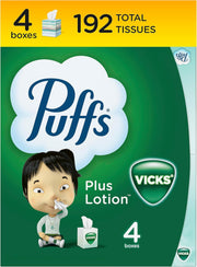Puffs Plus Lotion with Vicks Facial Tissues, 4 Cubes, 48 Tissues per Box (192 Tissues)