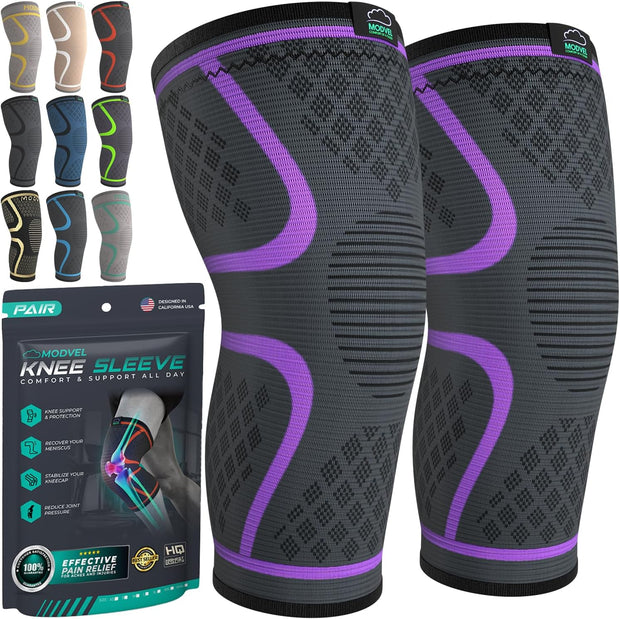 Modvel Compression Knee Brace for Women & Men, 2-Pack Knee Brace for Running Knee Pain, Knee Support Compression Sleeve, Workout Sports Knee Braces for Meniscus Tear, ACL & Arthritis Pain Relief