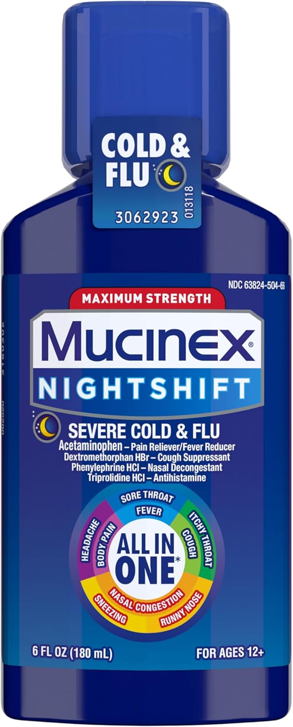 Mucinex Maximum Strength Fast-Max Cold & Flu and Nightshift, All-in-One Multi Symptom Relief Liquid, 6 Fl Oz - 2 Count (Pack of 1)