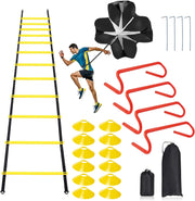 Speed & Agility Ladder Training Equipment Set, Includes 12 Rung 20ft Agility Ladder, 4 Agility Hurdles,12 Disc Cones, 1 Resistance Parachute for Training Football Soccer Basketball Athletes