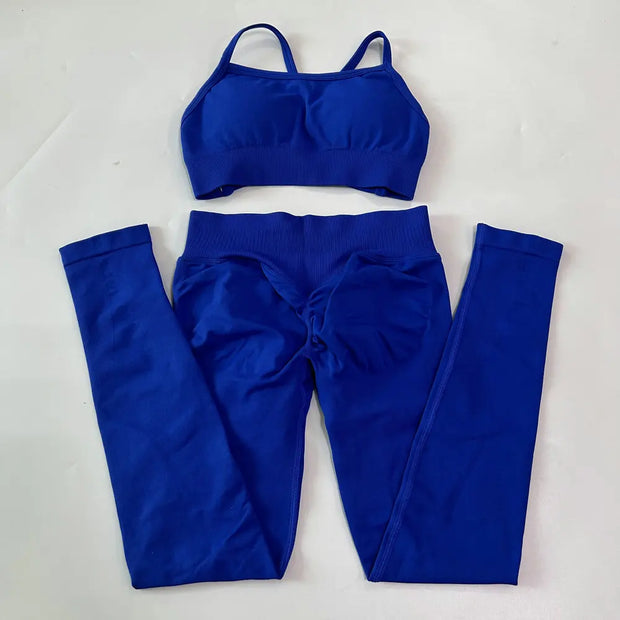 No Logo Seamless Yoga Set 2 Pieces Women Workout Set Scrunch Leggings Backless Sports Bra Fitness Top Gym Pants Clothes