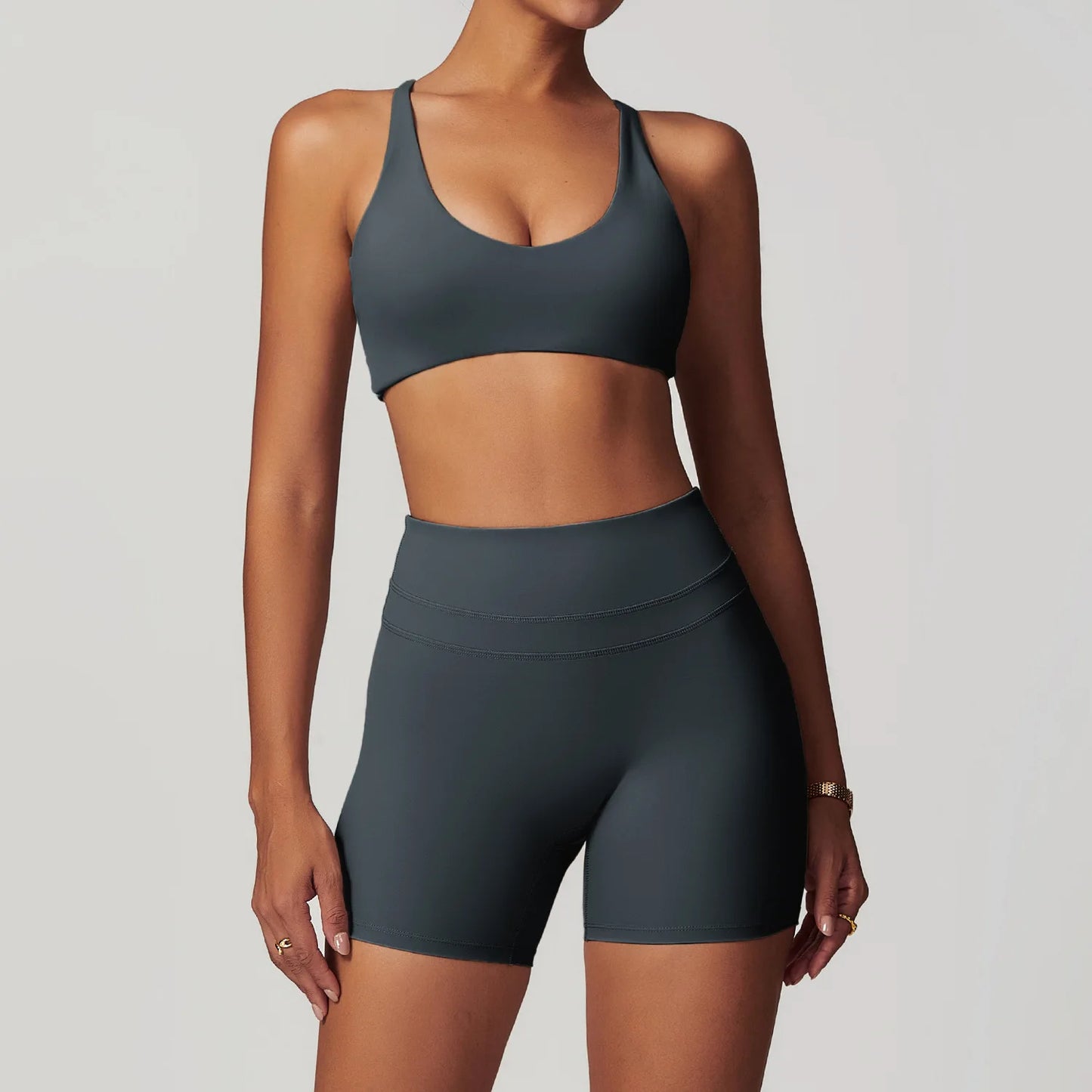mikeyoga 2PCS Yoga Set Women Sportswear Workout Clothes Athletic Wear Gym Legging Fitness Bra Crop Top Short Sleeves Sports Suit