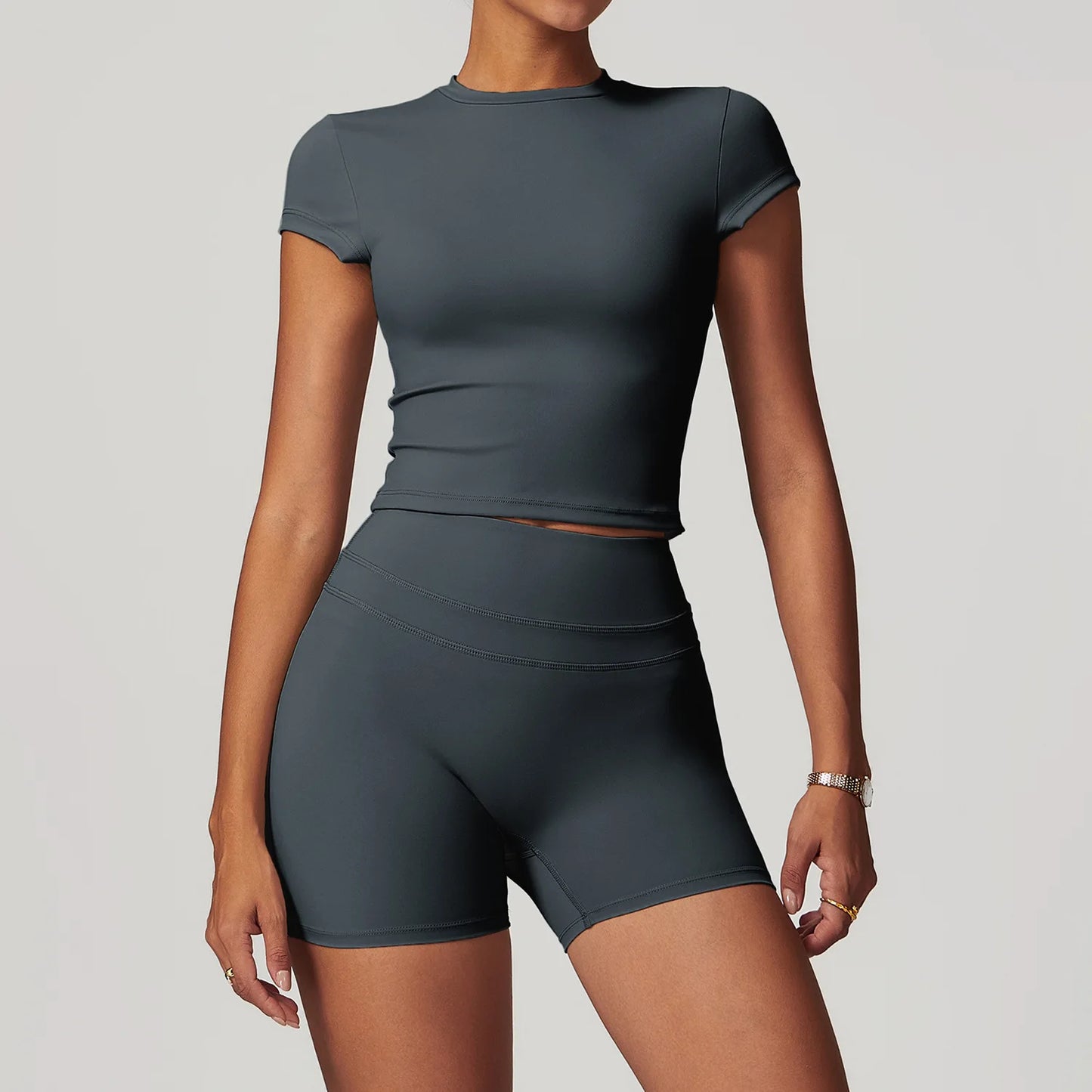 mikeyoga 2PCS Yoga Set Women Sportswear Workout Clothes Athletic Wear Gym Legging Fitness Bra Crop Top Short Sleeves Sports Suit