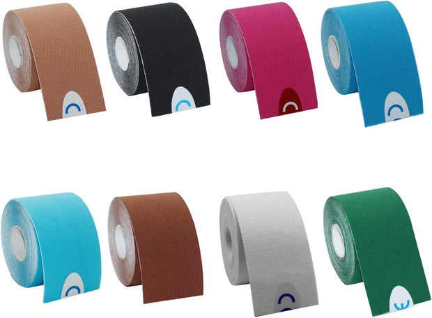 OBTANIM 4 Rolls Waterproof Breathable Kinesiology Tape, Athletic Elastic Kneepad Muscle Pain Relief Knee Taping for Gym Fitness Running Tennis Swimming Football (Black, Skin, Pink, Light Blue)