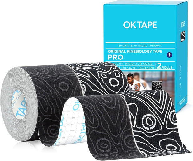 OK TAPE PRO Kinesiology Tape Uncut Roll, Elastic Physical Therapy Athletic Tape for Pain Relief, Muscle Support, Kinetic Tape, Water Resistant, 2in X 16.4ft -Black Gray 2 Rolls