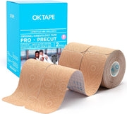 OK TAPE PRO Original Kinesiology Tape Pre-Cut Strips, Latex Free Elastic Athletic Tape Roll, 2in×16ft 2Rolls,Beige+Beige