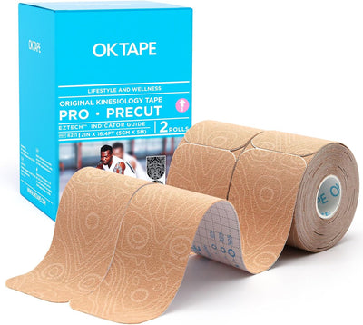 OK TAPE PRO Original Kinesiology Tape Pre-Cut Strips, Latex Free Elastic Athletic Tape Roll, 2in×16ft 2Rolls,Beige+Beige