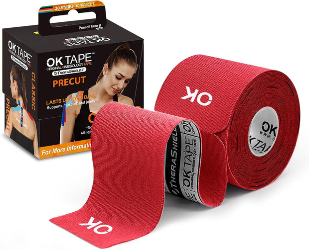 OK TAPE Kinesiology Tape 10 inches Precut, 20 Strips, Cotton Elastic Athletic Tape Latex Free, 2in x 16ft, Black