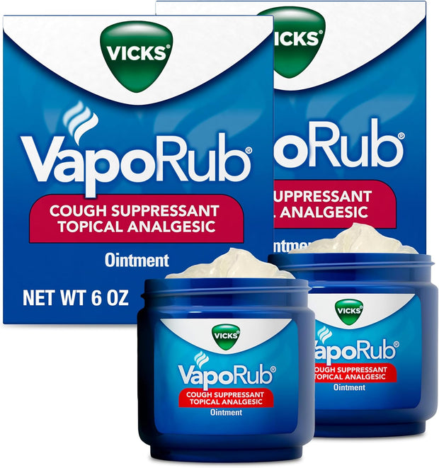 Vicks VapoRub, Original, Cough Suppressant, Topical Chest Rub & Analgesic Ointment, Medicated Vicks Vapors, Relief from Cough Due to Cold, Aches & Pains, 6oz (2 Count)
