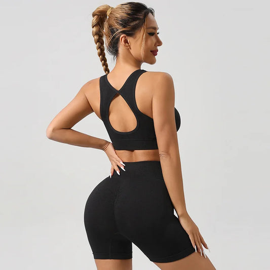 2 Pcs Yoga Set Women Hollow Back Sports Bra+Hip Lifting Sports Shorts Workout Set Seamless Fitness Gym Set Sportswear Tracksuit