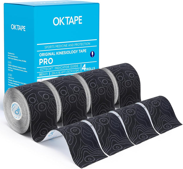 OK TAPE PRO Kinesiology Tape Uncut Roll, Elastic Physical Therapy Athletic Tape for Pain Relief, Muscle Support, Kinetic Tape, Water Resistant, 2in X 16.4ft -Black Gray