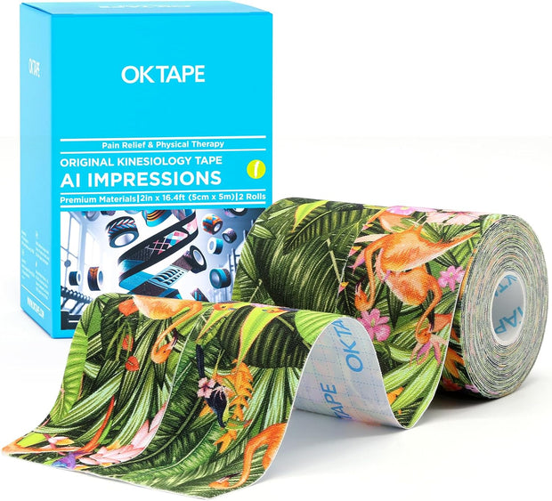 OK TAPE Hypoallergenic Digtal Printed Kinesiology Tape, Elastic Sports Athletic Tape, 2 Rolls, 2in×16.4ft Uncut Roll-DIY