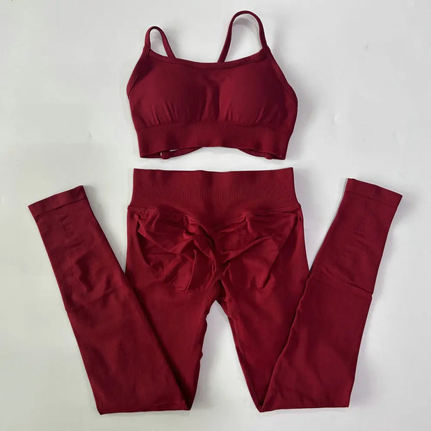 No Logo Seamless Yoga Set 2 Pieces Women Workout Set Scrunch Leggings Backless Sports Bra Fitness Top Gym Pants Clothes