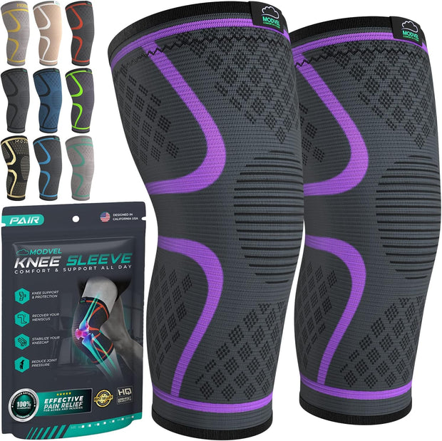 Modvel Compression Knee Brace for Women & Men, 2-Pack Knee Brace for Running Knee Pain, Knee Support Compression Sleeve, Workout Sports Knee Braces for Meniscus Tear, ACL & Arthritis Pain Relief