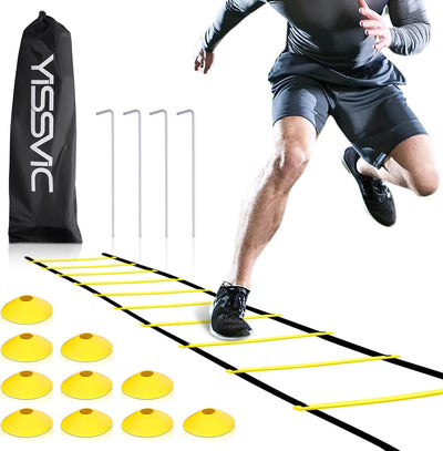 YISSVIC Agility Ladder and Cones 20 Feet 12 Adjustable Rungs Fitness Speed Training Equipment,1 Carry Bags, 10 Cones, 4 Stakes, Basketball, Soccer