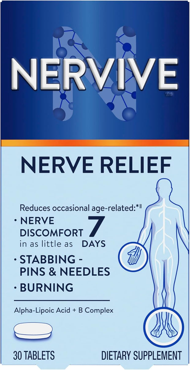 Nervive Nerve Relief, Reduces Occasional Nerve Discomfort in as Little as 7 Days, Stabbing/Pins and Needles, Burning in Hands and Feet*†, Alpha Lipoic Acid, B Vitamins, Turmeric, Ginger, 30 Tablets