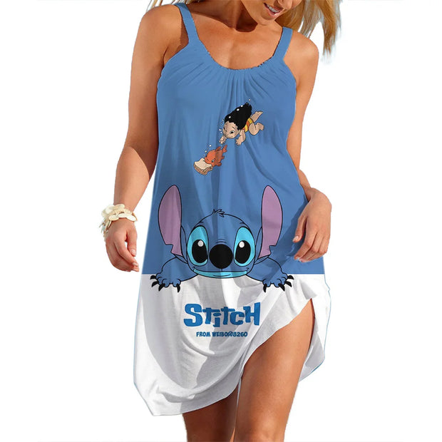 New Summer Girls Disney Stitch Women Fashion Sling Dress Women Sexy Loose Seaside Beach Clothing Cool Sleeveless Dress Quick Dry