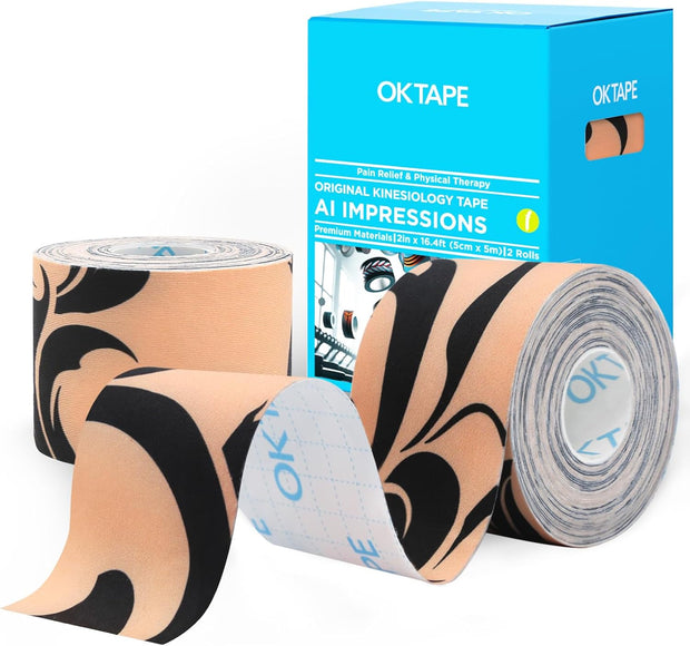 OK TAPE Patterned Kinesiology Tape, Elastic Physical Therapy Athletic Tape for Pain Relief & Muscle Support, Uncut Kinetic Tape, 2in x 16.4ft- 2 Rolls (Geometric)