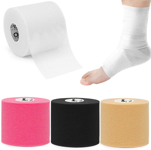 OK TAPE Pre Wrap Tape (4-Rolls) - Athletic Foam Underwrap for Sports, Protect for Ankles Wrists Hands and Knees, 2.75 Inches x 30 Yards - Black/Pink/Beige/White