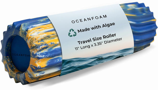 Oceanfoam Ripple Travel Foam Roller (11" x 3.35") Firm Mini Foam Roller for Physical Therapy, Deep Tissue Massage, Back Pain - High Density, Ergonomic Wave Textured - Yoga, Exercise (Black Marbled)