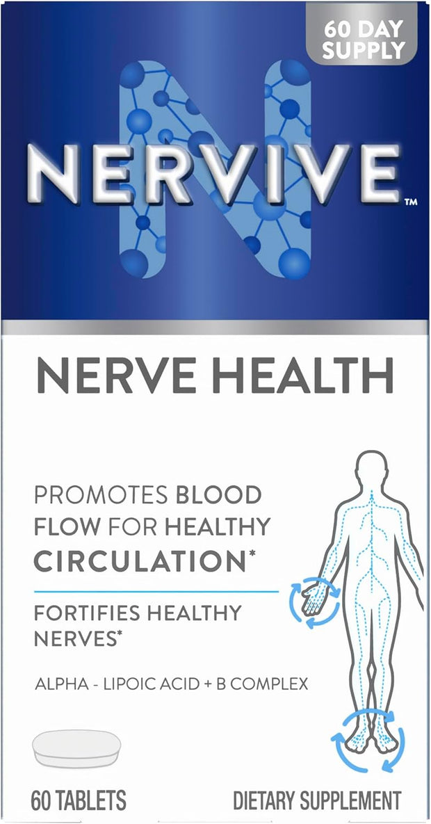 Nervive Nerve Health, with Alpha Lipoic Acid, to Fortify Nerve Health and Function in Fingers, Hands, Toes, & Feet*, and Support Healthy Circulation, ALA, Vitamins B12, B6, & B1, 30 Tablets