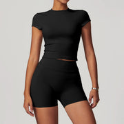 mikeyoga 2PCS Yoga Set Women Sportswear Workout Clothes Athletic Wear Gym Legging Fitness Bra Crop Top Short Sleeves Sports Suit