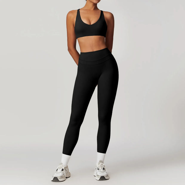 mikeyoga 2PCS Yoga Set Women Sportswear Workout Clothes Athletic Wear Gym Legging Fitness Bra Crop Top Short Sleeves Sports Suit