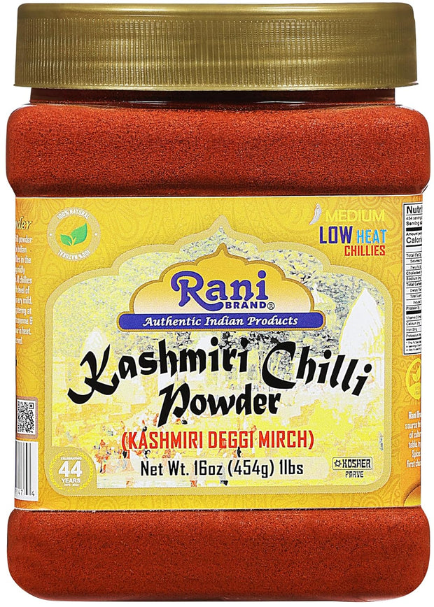 Rani Kashmiri Chilli Powder (Deggi Mirch, Low Heat) Ground Indian Spice 16oz (1lb) 454g PET Jar ~ All Natural | Salt-Free | Vegan | Kosher | Gluten Friendly