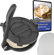 10 Inch Cast Iron Tortilla Press by StarBlue with FREE 100 Pieces Oil Paper and Digital Recipes e-book - Tool to make Indian style Chapati, Flour Tortilla, Roti