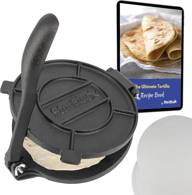 10 Inch Cast Iron Tortilla Press by StarBlue with FREE 100 Pieces Oil Paper and Digital Recipes e-book - Tool to make Indian style Chapati, Flour Tortilla, Roti