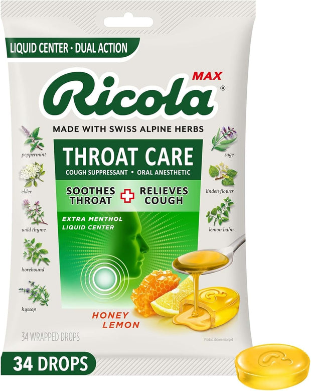 Ricola Max Honey Lemon Throat Care Large Bag | Cough Suppressant Drops | Dual Action Liquid Center | Soothing Long-Lasting Relief - 34 Count (Pack of 1)