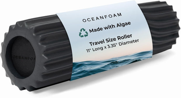 Oceanfoam Ripple Travel Foam Roller (11" x 3.35") Firm Mini Foam Roller for Physical Therapy, Deep Tissue Massage, Back Pain - High Density, Ergonomic Wave Textured - Yoga, Exercise (Black Marbled)