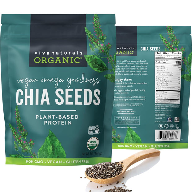 Viva Naturals Organic Chia Seeds 2 LBs - Plant-Based Omega-3 and Vegan Protein, Non-GMO Chia Seeds Organic Perfect for Smoothies, Salads and Chia Seed Pudding, Black Chia Seeds Bulk