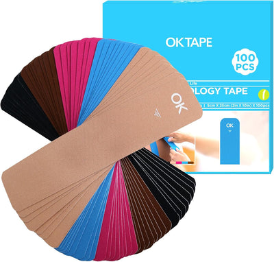OK TAPE 100Pcs Precut Kinesiology Tape Strips, Elastic Athletic Tape for Joints Support & Muscle Pain Relief, Waterproof, Kinetic Tape for Shoulder, Knee, Ankle (5 Colors, 2 inch x 10 inch)
