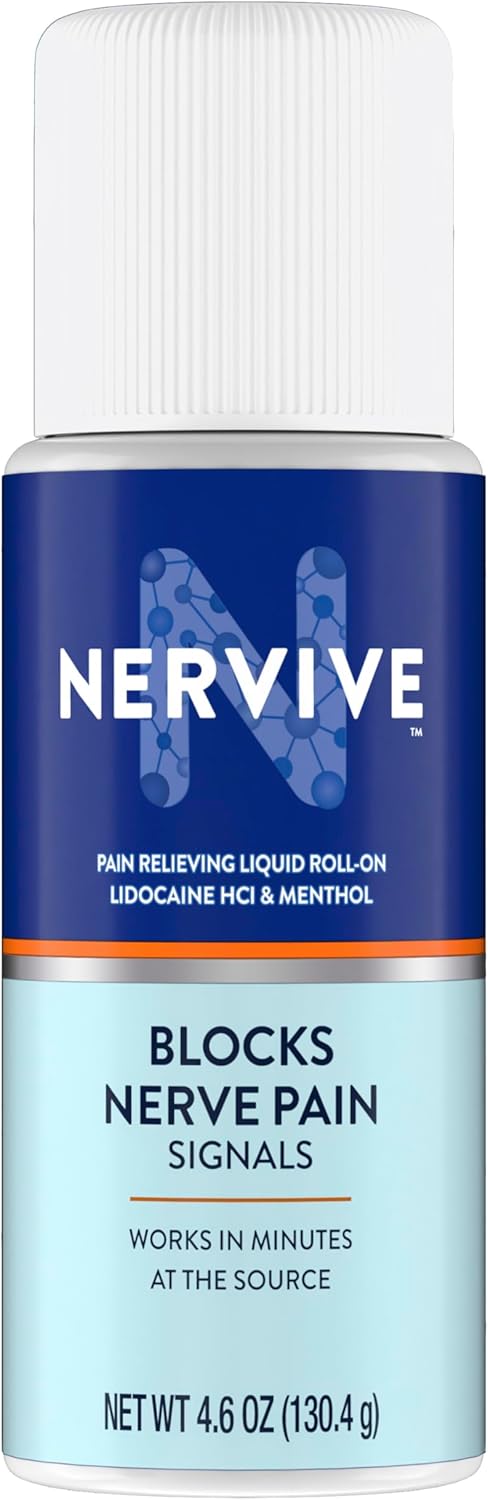 Nervive Pain Relieving Roll On Liquid, Max Strength No-Mess Topical Pain Reliever with Lidocaine and Menthol for Toes, Feet, Fingers, Hands, Legs & Arms, 2.5oz