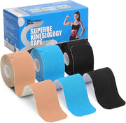 SUPERBE Precut Kinesiology Tape (3 Rolls Pack), Elastic Sports Tape for Pain Relief, Muscle Support, Recovery and Physio Therapy, Breathable, Waterproof (Black)