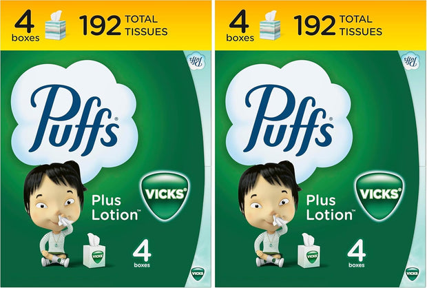 Puffs Plus Lotion with Vicks Facial Tissues, 4 Cubes, 48 Tissues per Box (192 Tissues)