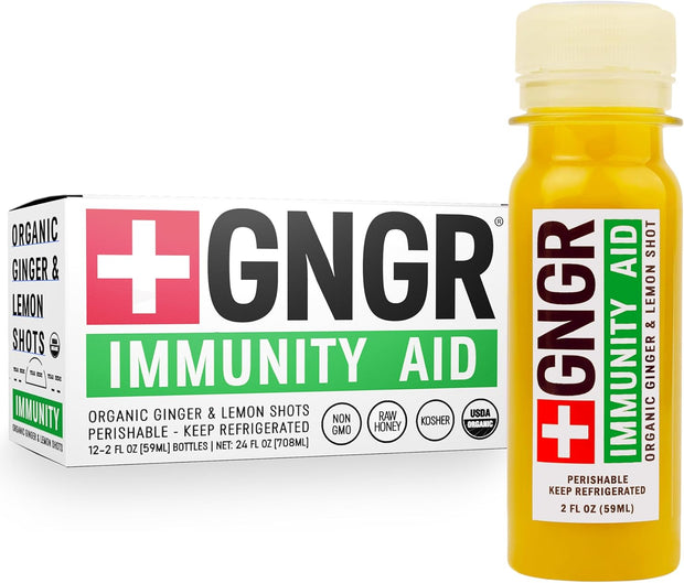 +GNGR Immunity Booster Organic Ginger and Turmeric Shot - Cold Pressed Ginger Shots with Turmeric, Cayenne Pepper, Orange, Lemon for All Natural Immune & Digestive Support (2 Oz, Pack of 12)