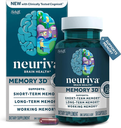 NEURIVA Memory 3D Brain Supplement - Decaffeinated Nootropic Capsules for Memory, Focus, & Cognitive Function - Short Term, Long Term, & Working Memory Support - 50ct